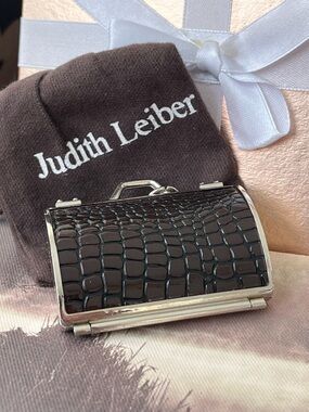 Judith Leiber Black Croc-Embossed Mini Minaudière Pill box Trinket Box EUC